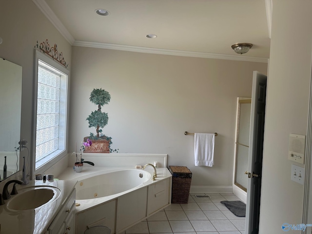 bathroom with a whirlpool tub, ornamental molding, a wealth of natural light, and tile patterned flooring