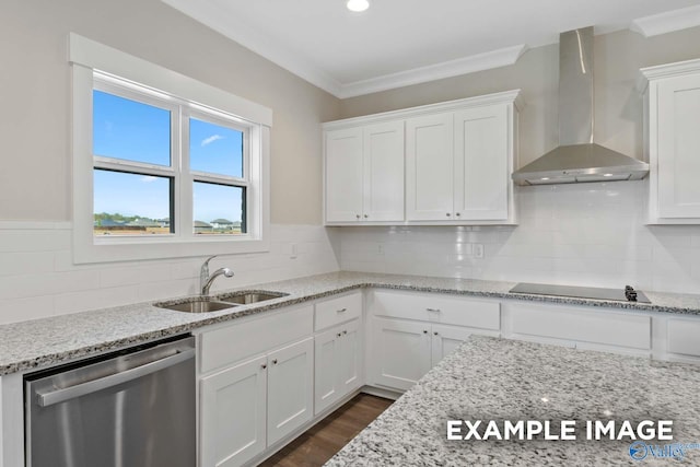 kitchen featuring dishwasher, ornamental molding, black electric cooktop, wall chimney range hood, and a sink