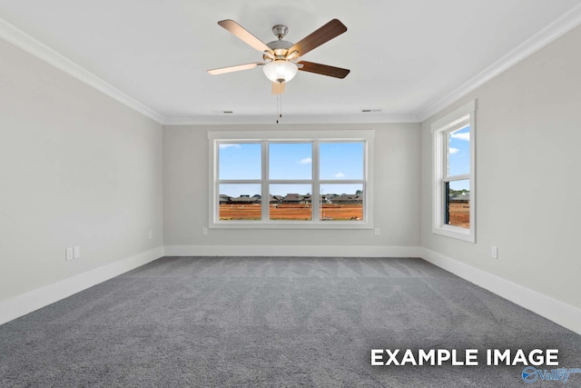 empty room with ornamental molding, carpet, and baseboards