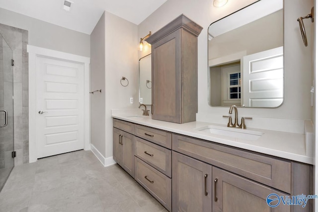 bathroom featuring double vanity, visible vents, a stall shower, and a sink