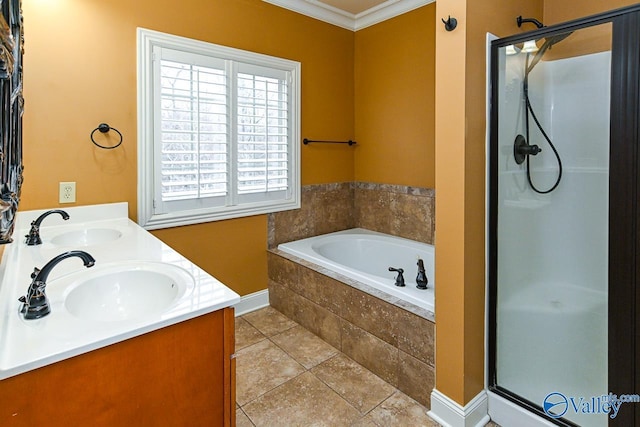 bathroom featuring crown molding, vanity, tile patterned floors, and plus walk in shower