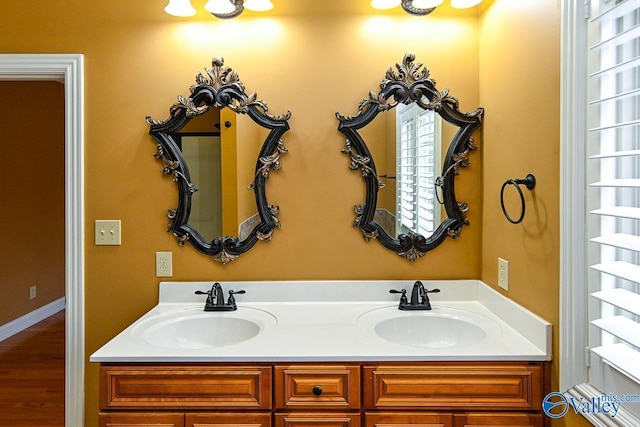 bathroom featuring vanity and wood-type flooring