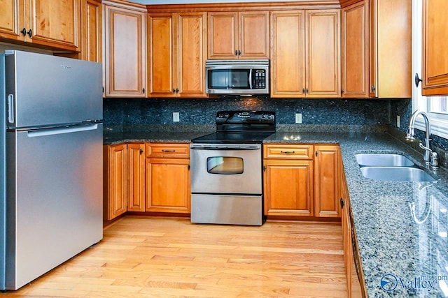 kitchen with stone countertops, sink, decorative backsplash, stainless steel appliances, and light hardwood / wood-style flooring