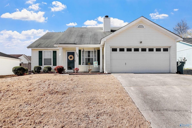 single story home featuring a garage, driveway, a chimney, and roof with shingles