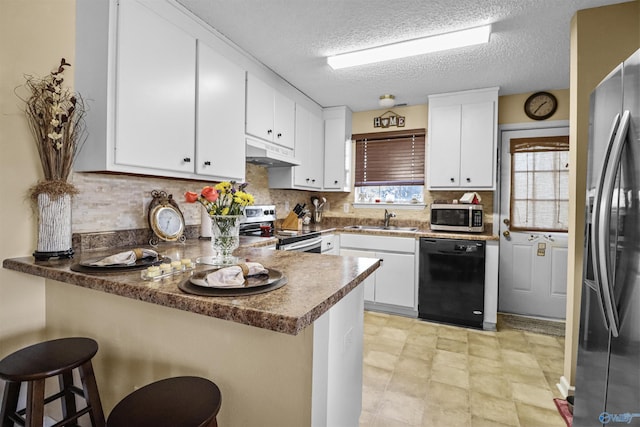 kitchen featuring tasteful backsplash, appliances with stainless steel finishes, a sink, a peninsula, and under cabinet range hood