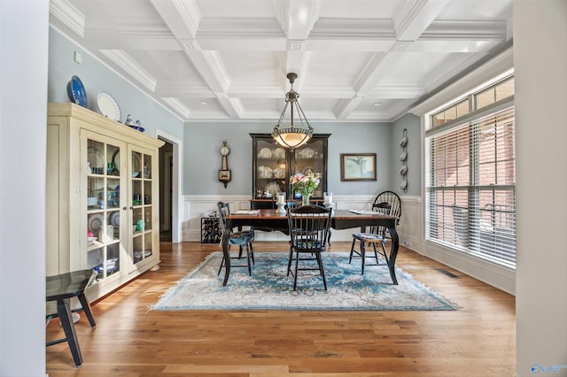 23245 Piney Creek Dr, Athens, AL 35613 - dining room featuring coffered ceiling, beam ceiling, wood finished floors, crown molding, and a wainscoted wall