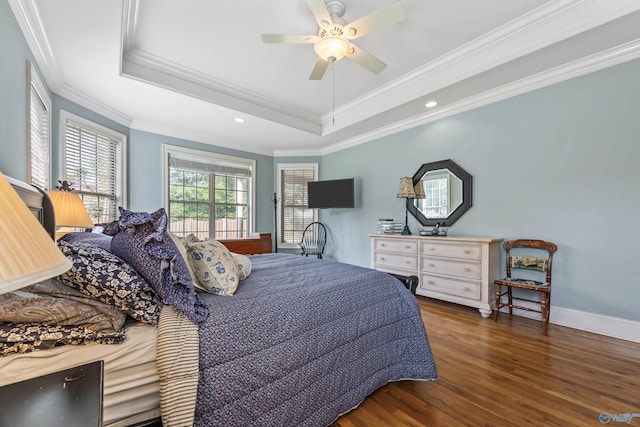 23245 Piney Creek Dr, Athens, AL 35613 - bedroom with a tray ceiling, wood finished floors, crown molding, ceiling fan, and recessed lighting
