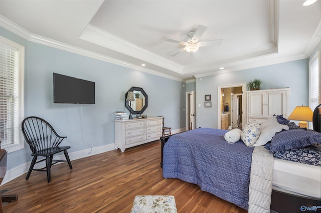 23245 Piney Creek Dr, Athens, AL 35613 - bedroom with a raised ceiling, wood finished floors, crown molding, baseboards, and a ceiling fan