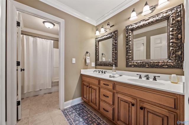 23245 Piney Creek Dr, Athens, AL 35613 - full bathroom with double vanity, ornamental molding, shower / bath combo with shower curtain, tile patterned flooring, and baseboards