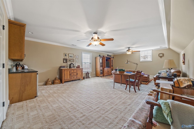 23245 Piney Creek Dr, Athens, AL 35613 - dining room with a ceiling fan, baseboards, light colored carpet, and crown molding