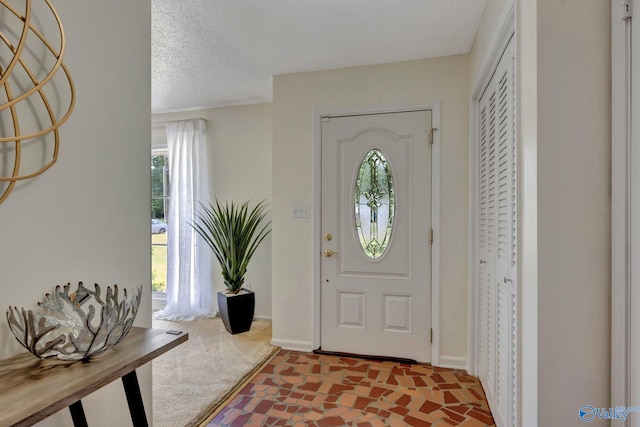 entrance foyer featuring carpet flooring, a textured ceiling, and plenty of natural light