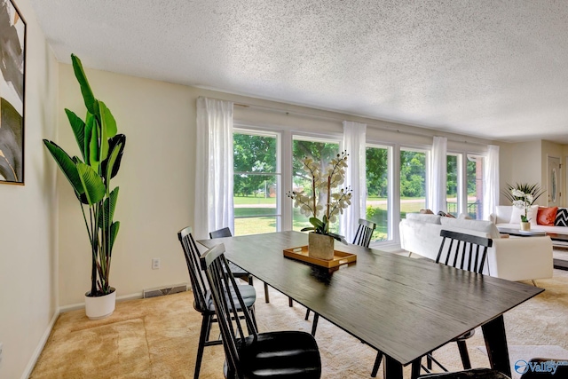 dining room featuring light carpet and a textured ceiling