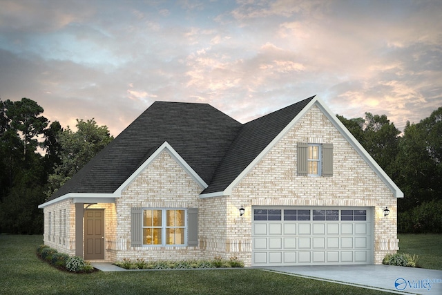 view of front of home featuring brick siding, a yard, and driveway