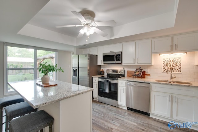 1908 Spanish Oaks Dr SE, Huntsville, AL 35803 - kitchen featuring stainless steel appliances, a tray ceiling, backsplash, and white cabinetry