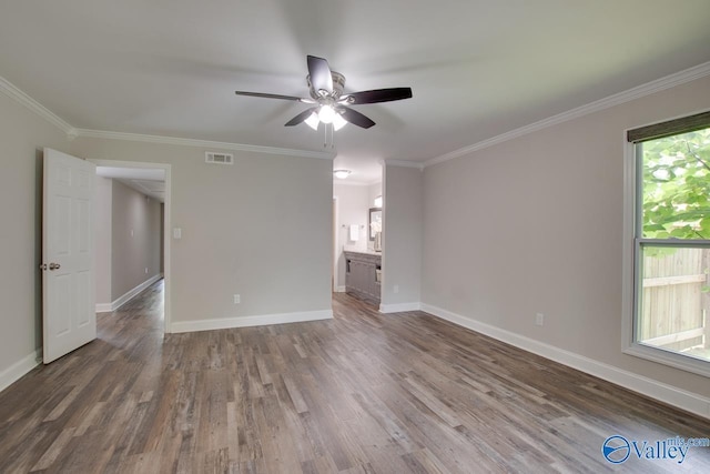 1908 Spanish Oaks Dr SE, Huntsville, AL 35803 - empty room with ceiling fan, wood finished floors, and crown molding