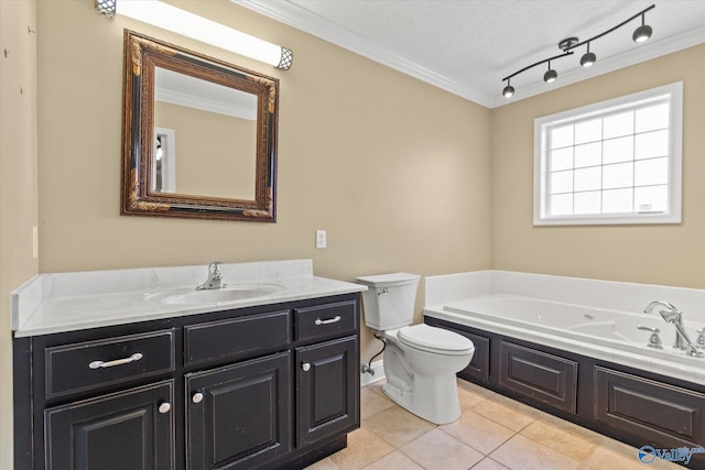 bathroom featuring crown molding, tile patterned flooring, a bathtub, toilet, and vanity