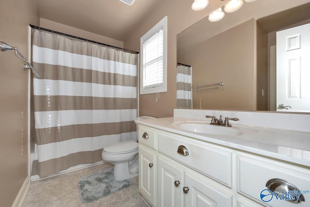 full bathroom featuring vanity, tile patterned flooring, a shower with curtain, and toilet