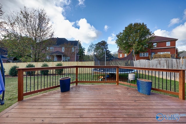 wooden deck with a fenced backyard, a trampoline, and a lawn