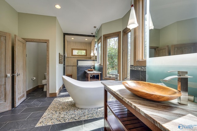 bathroom featuring a fireplace, a freestanding bath, toilet, vanity, and baseboards