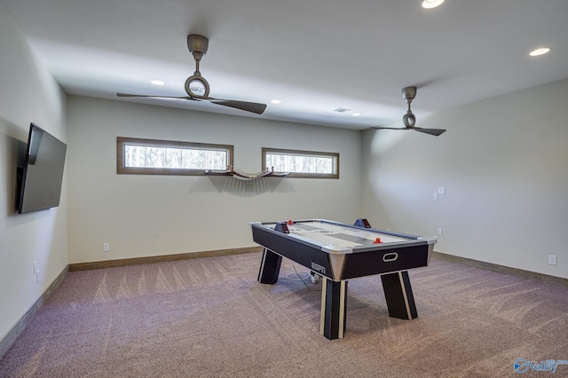 game room with ceiling fan, recessed lighting, carpet flooring, and baseboards