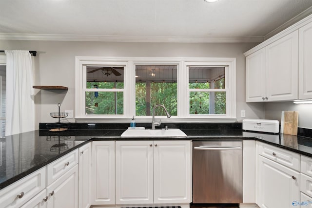 471 Oak Trl NE, Hartselle, AL 35640 - kitchen with dishwasher, a sink, open shelves, white cabinets, and ornamental molding