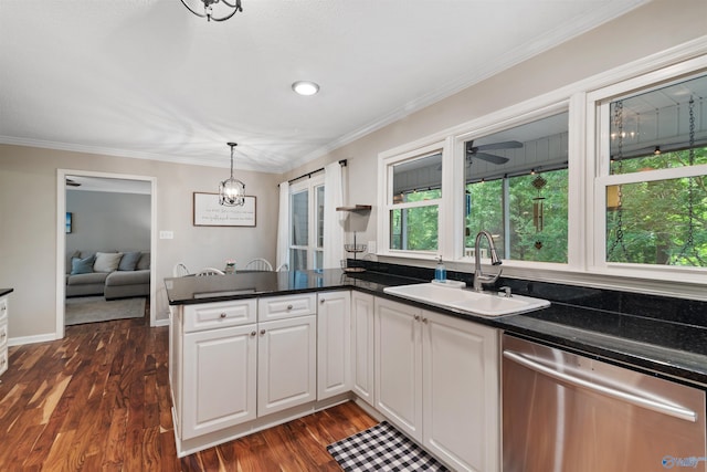471 Oak Trl NE, Hartselle, AL 35640 - kitchen featuring dishwasher, a sink, a peninsula, dark wood-type flooring, and white cabinetry
