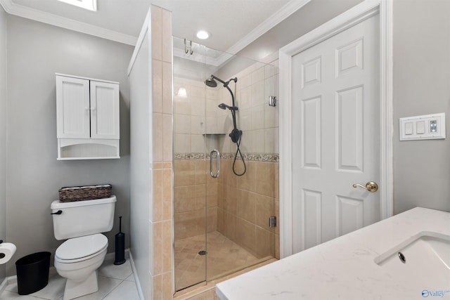 471 Oak Trl NE, Hartselle, AL 35640 - bathroom featuring ornamental molding, a stall shower, tile patterned floors, toilet, and a sink