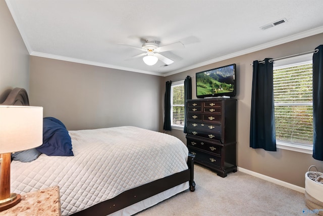 471 Oak Trl NE, Hartselle, AL 35640 - bedroom featuring ornamental molding, light carpet, baseboards, and a ceiling fan