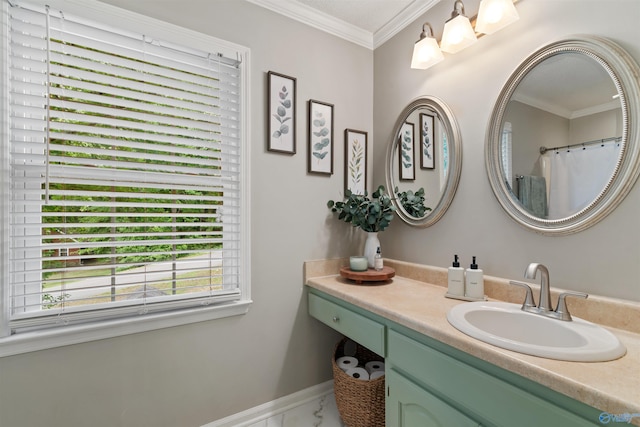 471 Oak Trl NE, Hartselle, AL 35640 - full bathroom with healthy amount of natural light, vanity, crown molding, baseboards, and marble look tile flooring