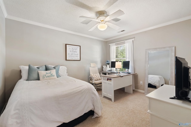 471 Oak Trl NE, Hartselle, AL 35640 - bedroom featuring crown molding, light colored carpet, a ceiling fan, a desk, and a textured ceiling