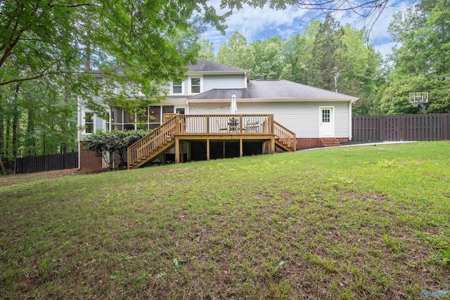 471 Oak Trl NE, Hartselle, AL 35640 - rear view of property with stairs, a sunroom, a wooden deck, and a shingled roof