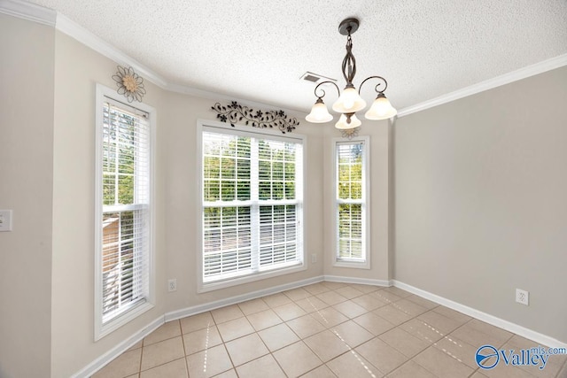 unfurnished dining area featuring ornamental molding, a chandelier, and a textured ceiling