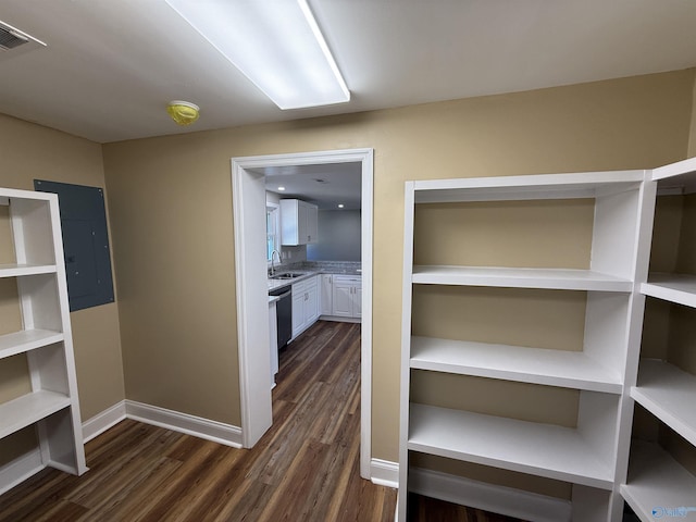 hall with a sink, visible vents, baseboards, electric panel, and dark wood-style floors