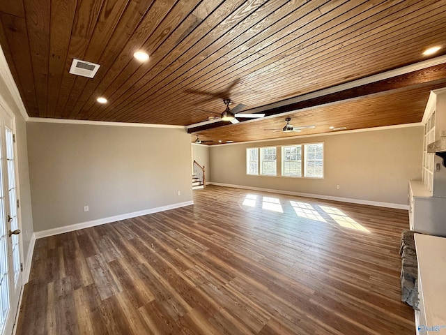 unfurnished living room with wood ceiling, ornamental molding, stairway, and visible vents