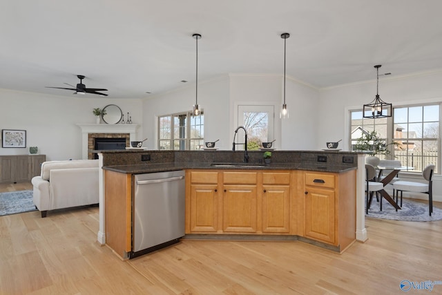 kitchen featuring a sink, dishwasher, open floor plan, and light wood finished floors