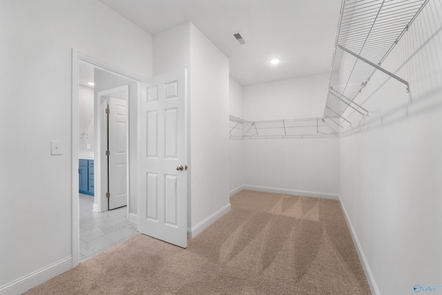 spacious closet featuring light carpet