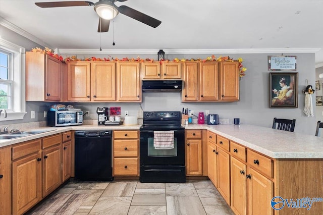 kitchen featuring exhaust hood, black appliances, kitchen peninsula, and ornamental molding