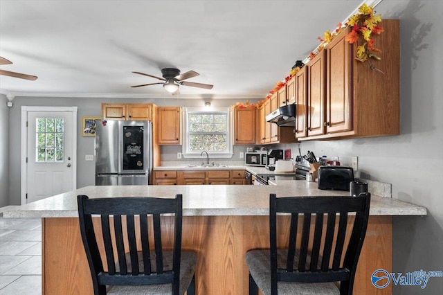 kitchen with a wealth of natural light, stainless steel appliances, and kitchen peninsula