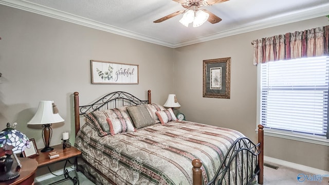 bedroom with carpet, multiple windows, and crown molding