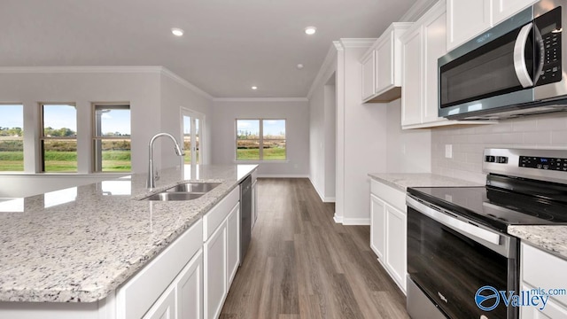 kitchen with crown molding, a sink, tasteful backsplash, appliances with stainless steel finishes, and white cabinets