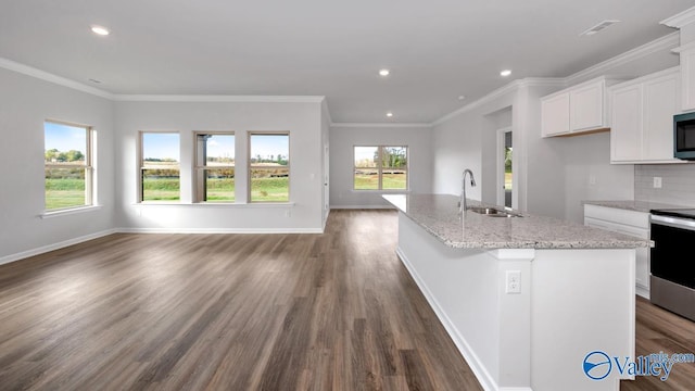 kitchen featuring open floor plan, stainless steel electric range, a sink, dark wood-style floors, and white cabinets