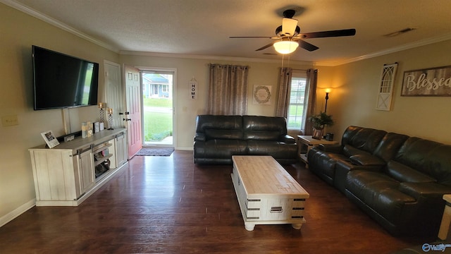 living room featuring a textured ceiling, ornamental molding, dark hardwood / wood-style floors, and ceiling fan