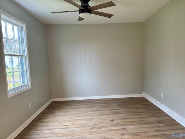 empty room featuring ceiling fan and light hardwood / wood-style flooring