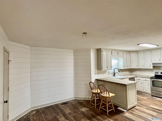 kitchen featuring white cabinetry, kitchen peninsula, wooden walls, and stainless steel range with electric cooktop