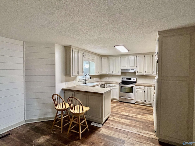 kitchen featuring kitchen peninsula, a breakfast bar, sink, white cabinets, and stainless steel electric range oven