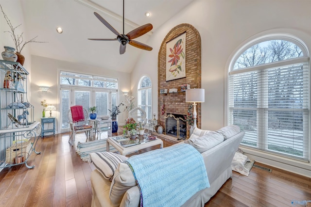 living room featuring a wealth of natural light, a fireplace, dark hardwood / wood-style flooring, and high vaulted ceiling