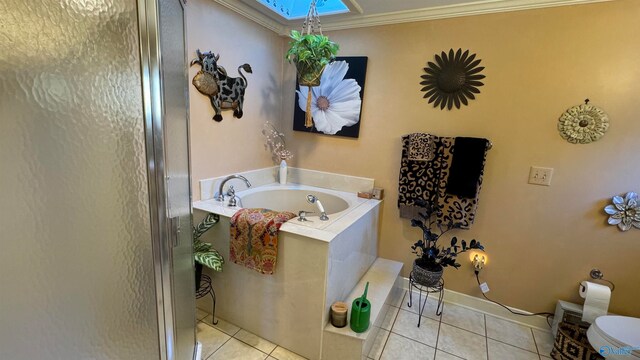 bathroom featuring a skylight, tile patterned floors, ornamental molding, and shower with separate bathtub