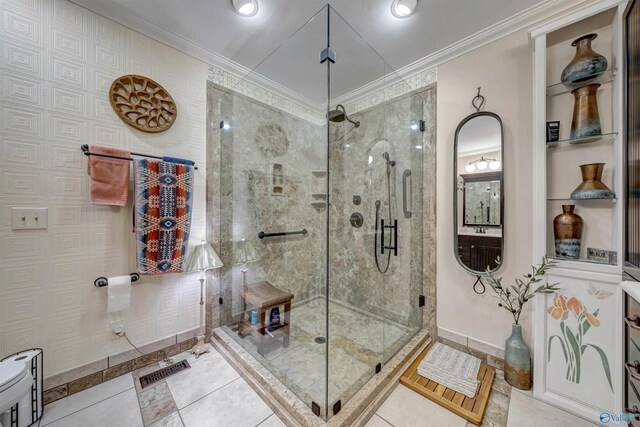 bathroom with vanity, tile patterned flooring, a shower with door, and ornamental molding