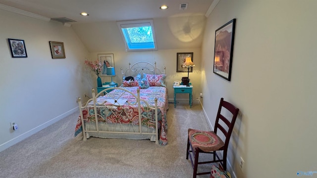 bedroom with light carpet, ornamental molding, and lofted ceiling