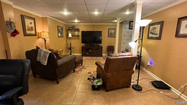 tiled living room featuring ornamental molding